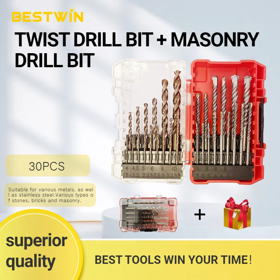 BESTWiN 30PCS Mixed drill bit set  Twists bits and masonry bits 1.5mm-10mm and 3mm-10mm use for metal  concrete