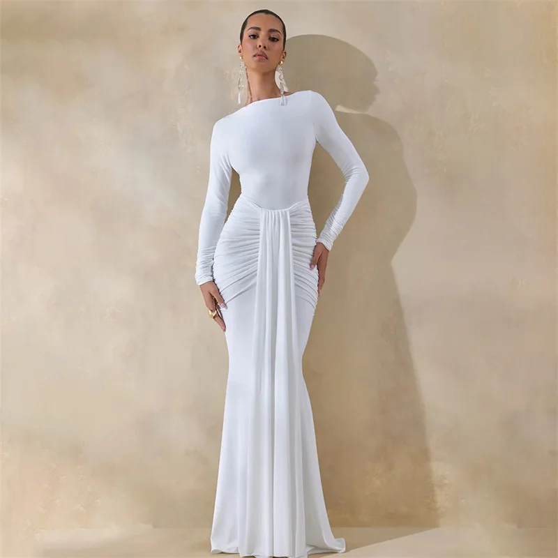 Solid Color Long‑Sleeve Prom Dress Sexy Ruched Hip‑Hugging Mermaid Maxi Party Gown Slim Fit Draped Formal Evening Wedding Robe