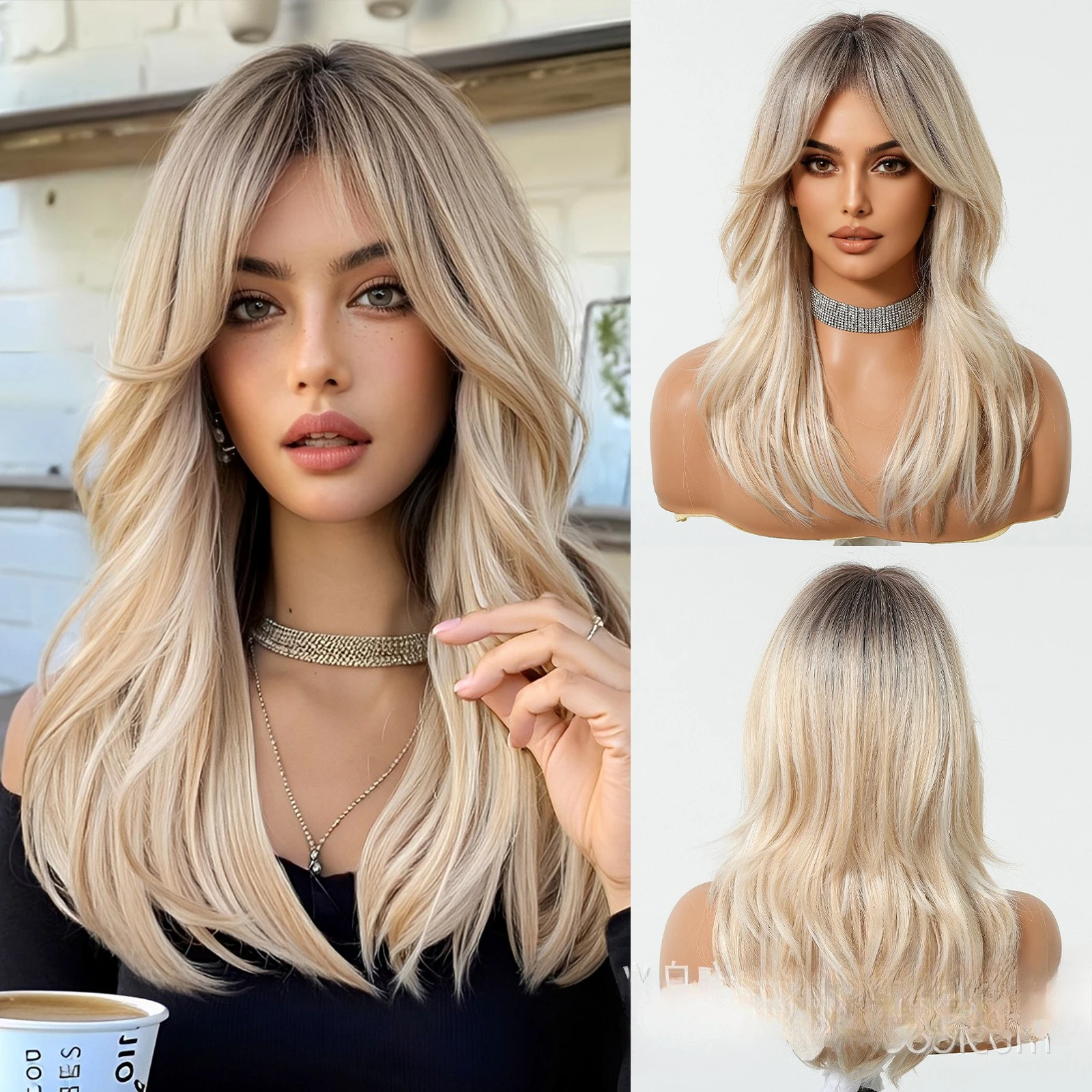 

European and American wigs, top black, new wigs, gold eight-character bangs, gradient atmosphere, straight hair, chemical fiber