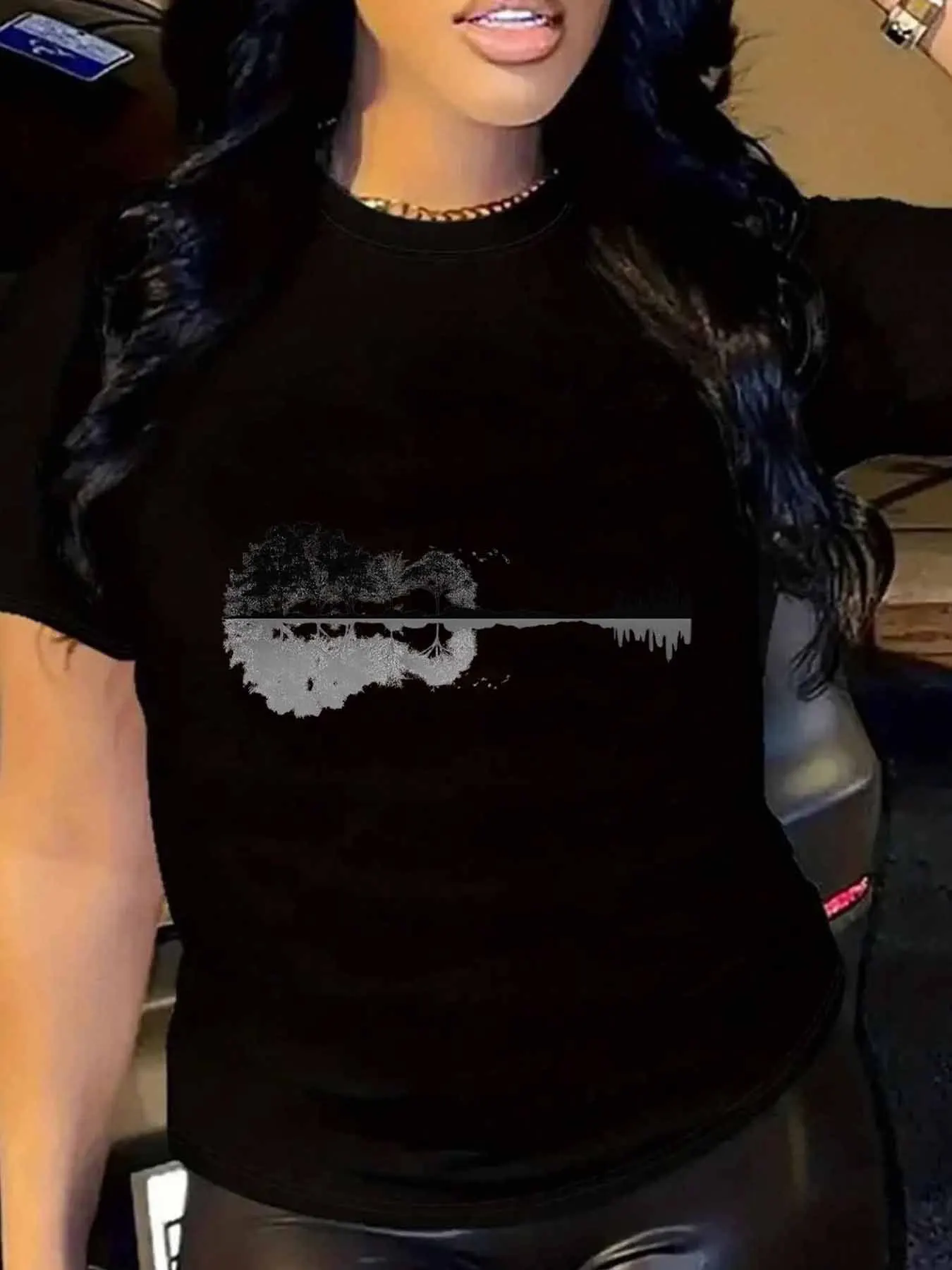 【WY10325】Rundhals-Kurzarm-T-Shirt für Damen in Übergröße mit elastischen Halbarmn und trendigen Aufdrucken