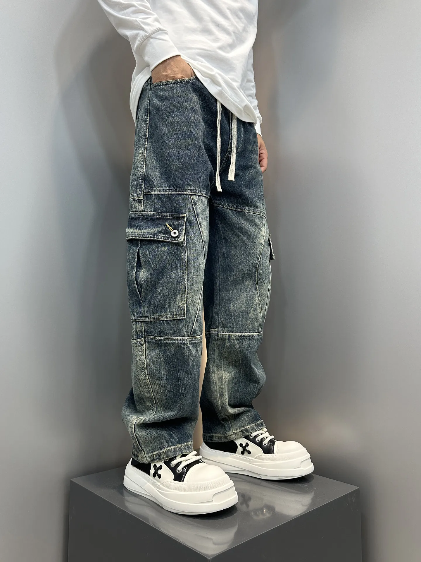 Washed American Style Multi-Pocket Workwear Jeans Men's Spring Autumn New Retro Loose Casual Straight Leg Jeans