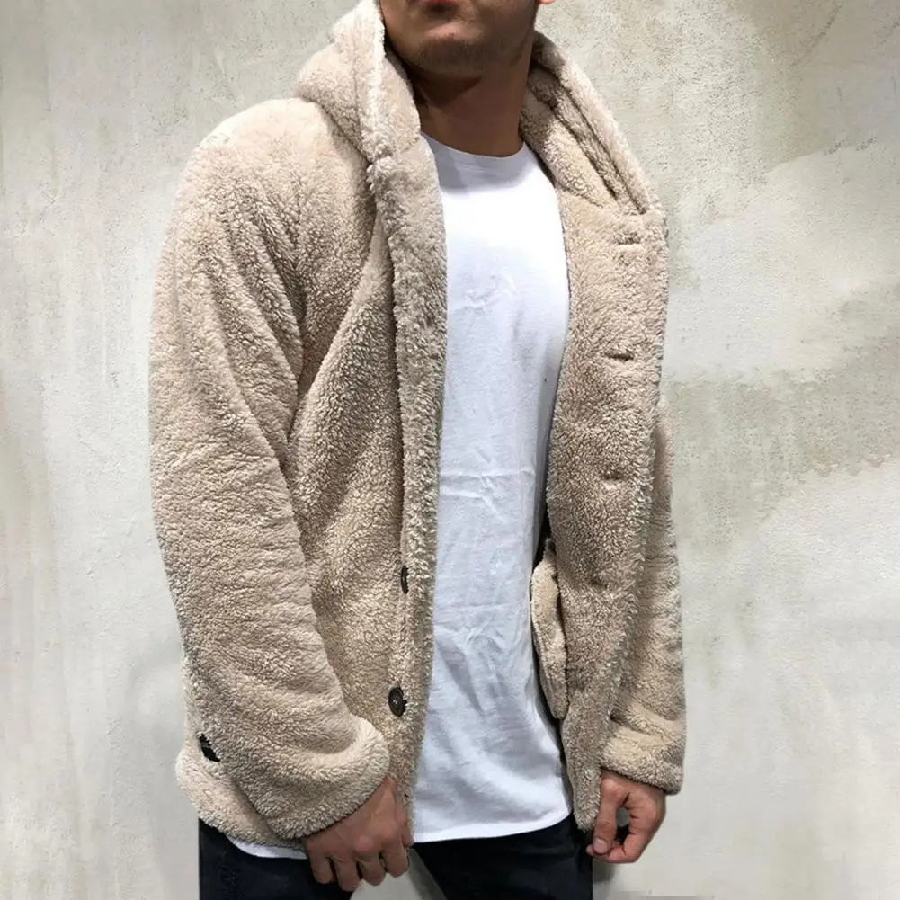 

Winter Coat Hooded Fluffy Fleece Long Sleeve Hooded Coat Plush Buttons Closure Thicken Warm Men Warm Cardigan Outerwear