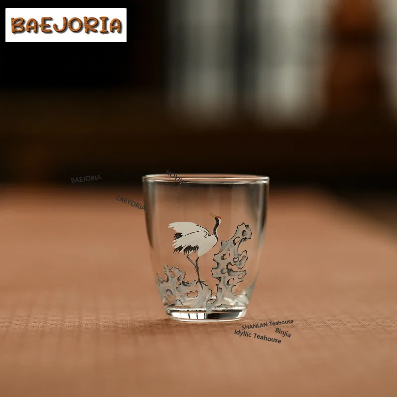 BAEJORIA 2pc/lot Crane Transparent Glass Teacup Aesthetic Tea Bowl Water Jug Personal Cup Jianzhan Master Cups Tea Items 50ML