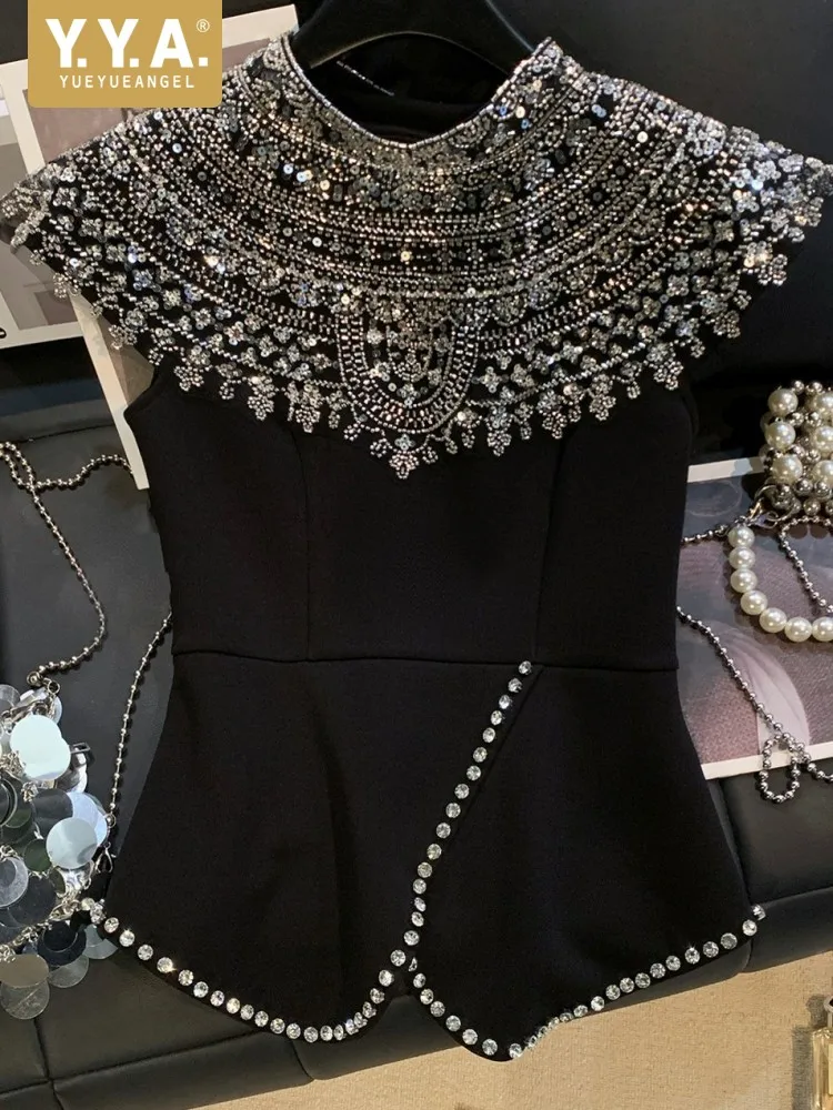 Elegant Female Solid Color Diamonds T-Shirt Versatile Office Ladies Slim Sleeveless Pullover Fashion Round Neck Outerwear