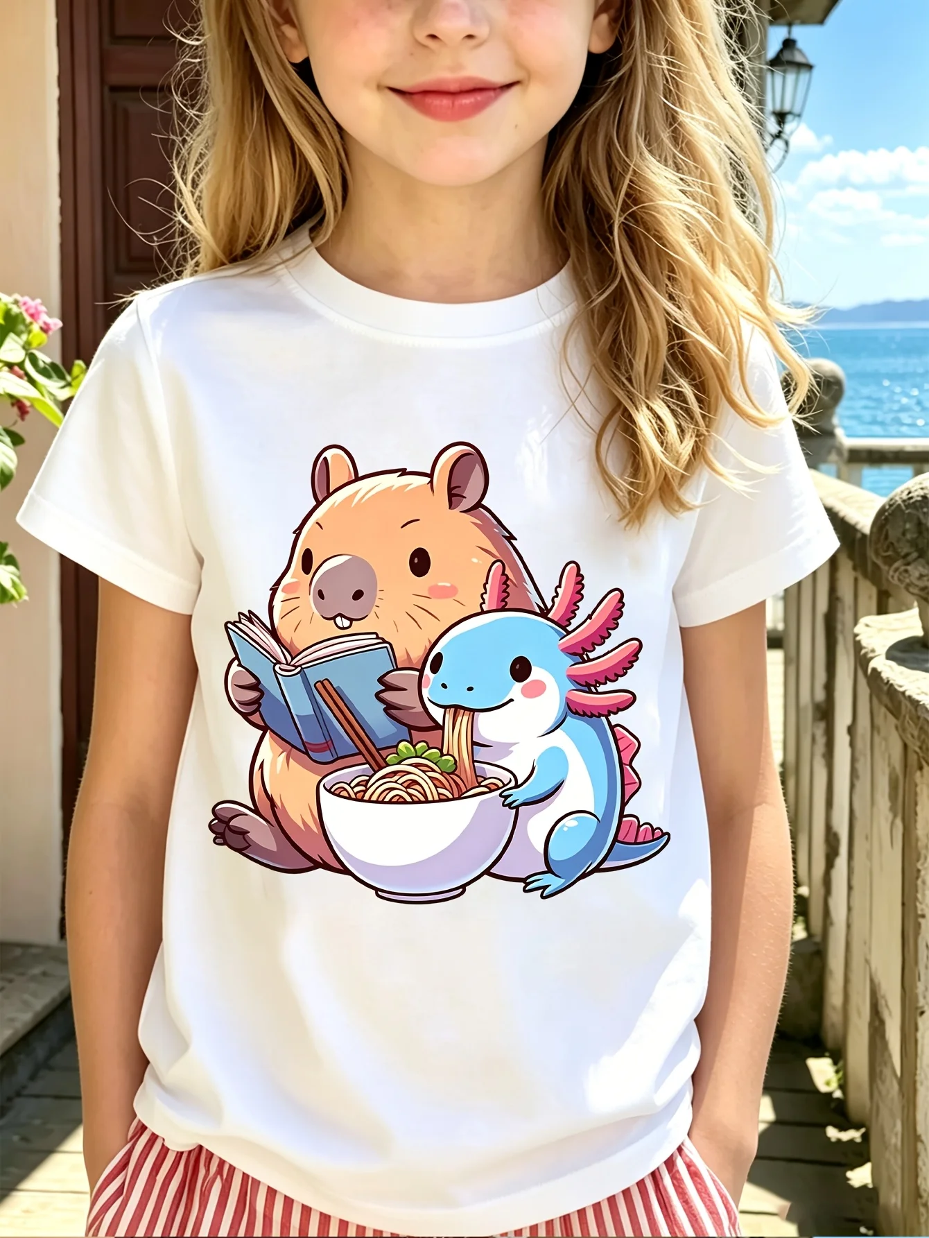 Capybara Axolotl Kids Tee Cute Cartoon Graphic Print Boys Girls Family Matching Cotton Short Sleeve Children Tshirt