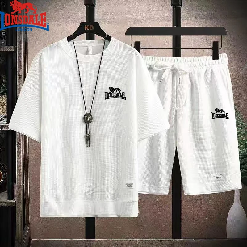 Embroidered LONSDALE Summer Men's Waffle Sets Casual T-Shirt And Shorts Set Male Sports Suit Tracksuit Loose Suits Size 3XL