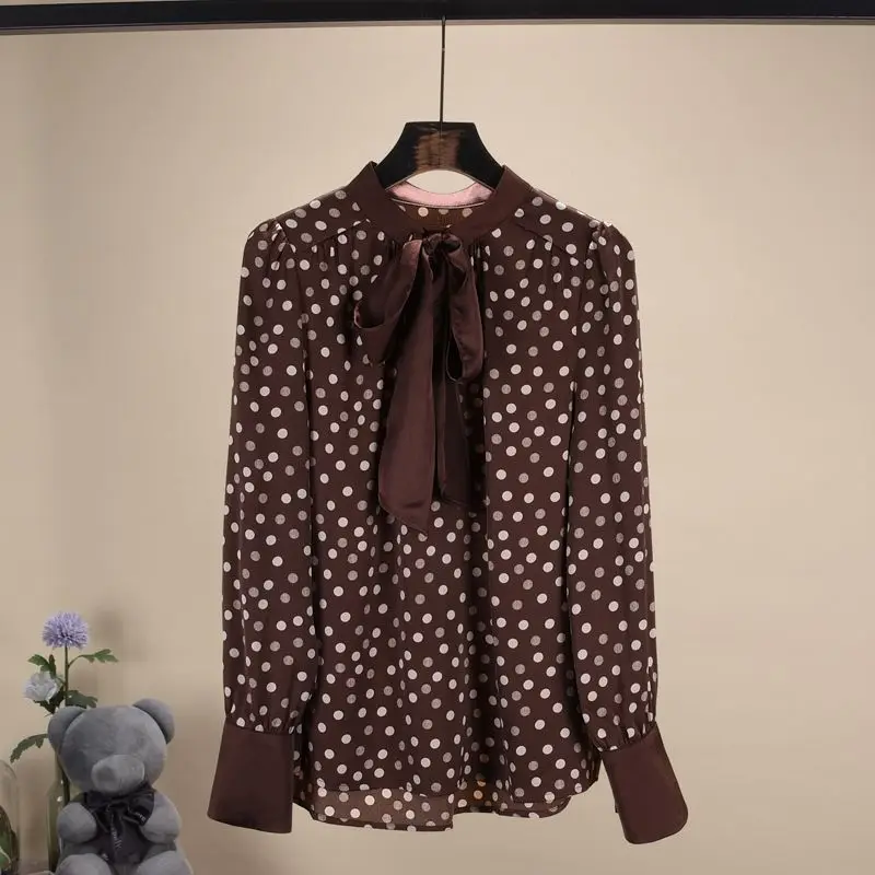 Spring 2024 New Elegant Polka Dot Long Sleeve Blouse Women Clothing Fashionable Lacing Bow Patchwork Shirts Women Clothing