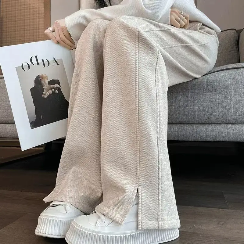 ウールとフランネルの厚いワイドレッグパンツ女性プラスサイズ秋と冬のヘリンボーンストレートレッグカジュアルスプリットパンツ