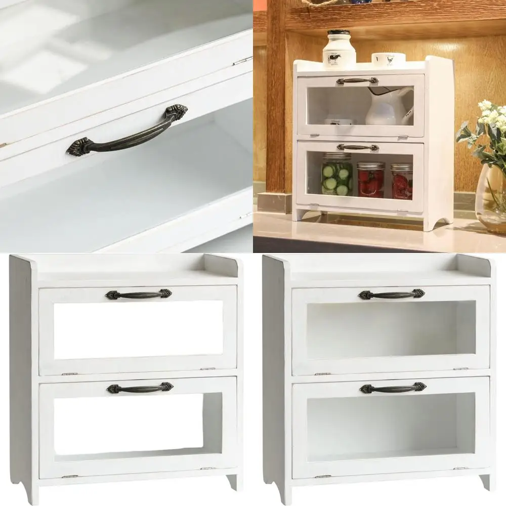 

2-Tier Wooden Storage Cabinet, Double-Door, White, 15.75 x 14.5 x 6.5 for Kitchen, Living Room, Bedroom, Office