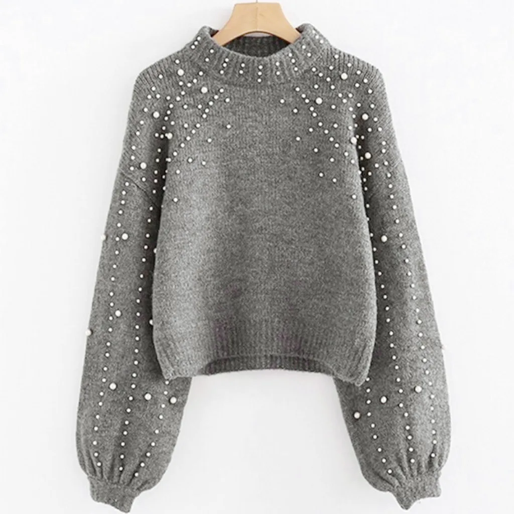 Elegant Women Beads Sweater Long Sleeve Loose Pullover Knitwears Round Neck Autumn Winter Warm Jumper