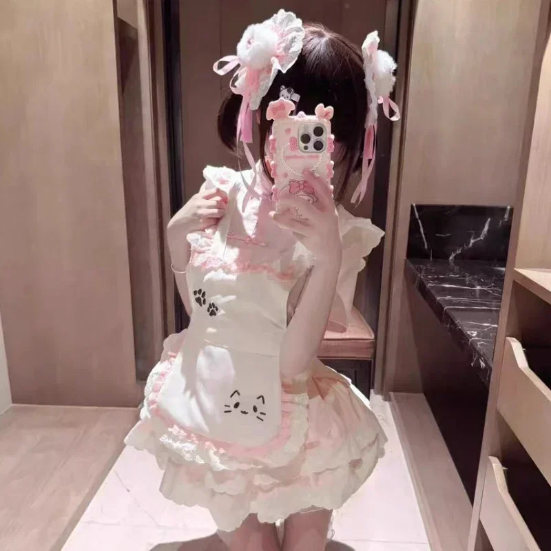 Women Lace Party Kawaii Lolita Maid Japanese Cosplay Dance Dress Set Cute Print Bow Patchwork Princess Solid Kpop Mini Dress