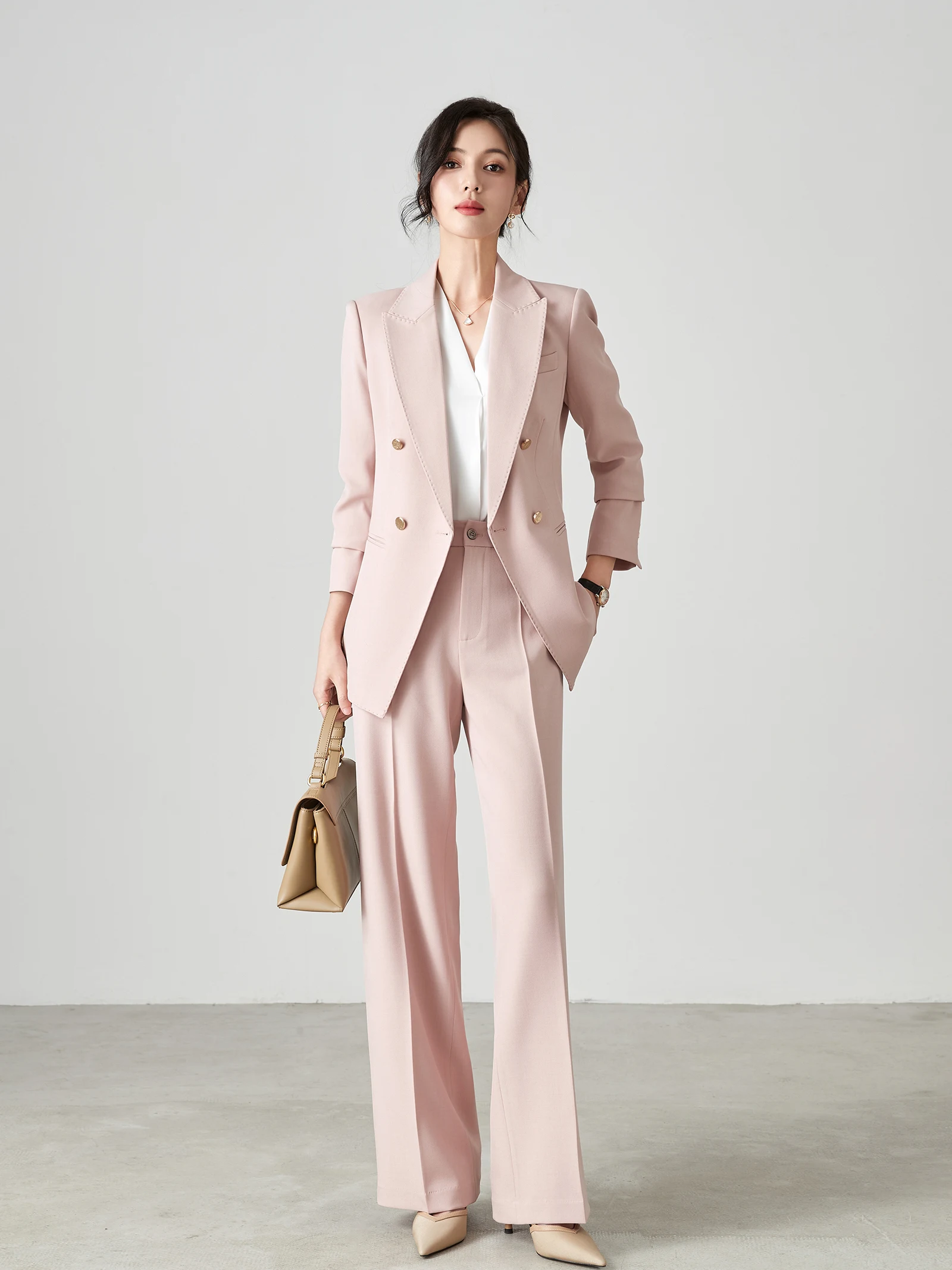

Весенне-летний розовый комплект делового костюма для женщин, облегающие длинные двубортные брюки све с металлическими блакинами, рабочая одежда