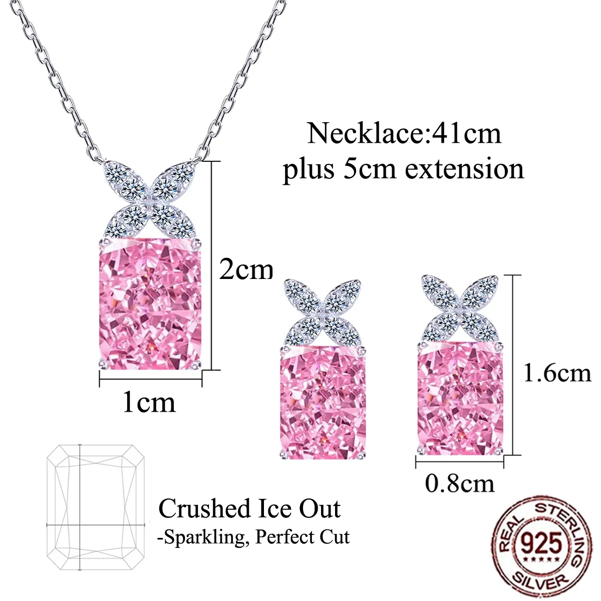 QooLady S925 Sterling Silver Rectangular Pink CZ Butterfly Necklace Earring Jewelry Set Women Wedding Anniversary Gift ST065