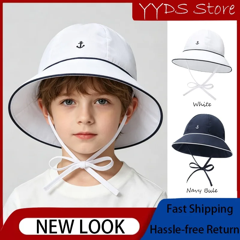 

Spring Summer Navy Cotton Kids Bucket Hat Wide Brim UV Protection Sun Cap For Toddler Baby Boys Girls Outdoor