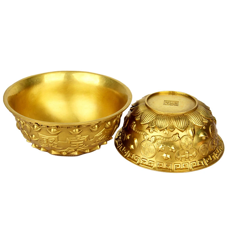 Good Money Lucky Bowl Offering Basin Water Treasure Feng Shui Fruit Altar Golden Brass Meditation Cup Holder Wealth Supplies