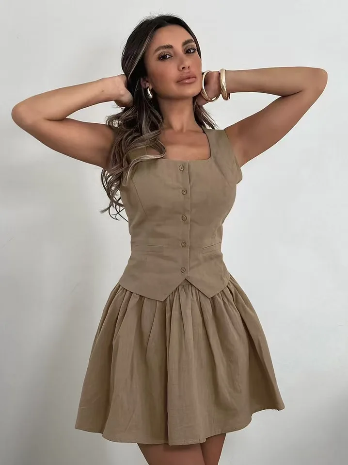 

Faionable Svel Vest, комплект из топа и юбки, хлопковая спецодежда на пуговицах, женский ансамбль из двух предметов, лето 2025 г.