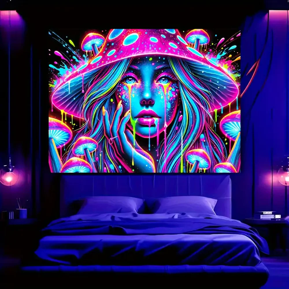 Black Light Girl Tapestry Hippie UV Reactive Psychedelic Beauties Tapestry Wall Hanging Fantasy Mushrooms Wall Decor Backdrop