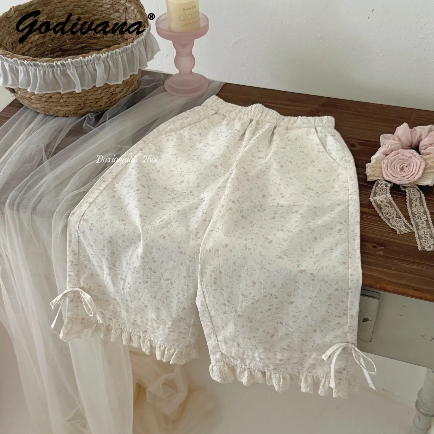 

Sweet Baby Girls 2026 New Spring and Summer Floral Mosquito Pants Kids Cute Lace Trim Bow Elastic Waist Loose Casual Pants