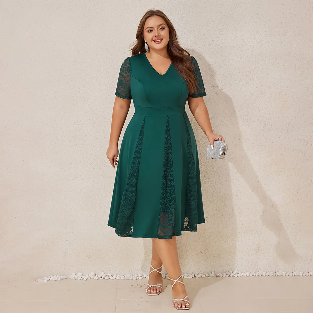 حجم كبير المرأة أنيقة الصلبة الدانتيل الخامس الرقبة نفخة الأكمام ألف خط ميدي فستان السيدات حفلة كوكتيل مساء الكرة ثوب حجم 0XL-5XL