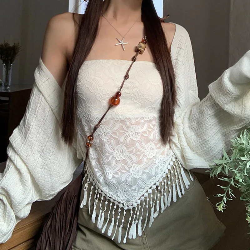 Women Sleeveless Vest Lace Splicing Micro Transparent Tassel Design Slim Solid Color Simple Daily Leisure Vacation Strapless Top
