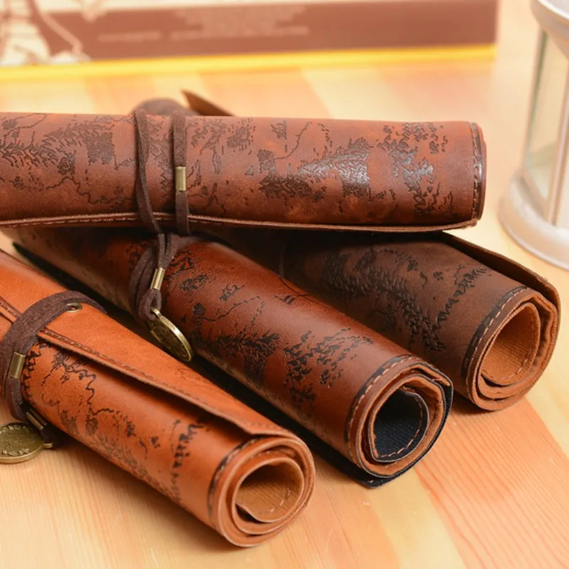 Mapa do tesouro retrô ocidental, lápis enrolável, portátil, grande capacidade, organizador de caneta de couro, material escolar, presentes para crianças e professores