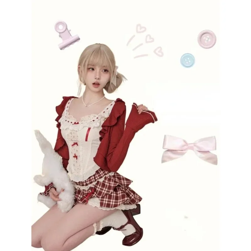 Traje de falda Vintage de 3 piezas para mujer, cárdigan Kawaii con volantes, prendas de vestir, chaleco ajustado, blusa + faldas ajustadas Y2k, conjuntos de fiesta de noche de Lolita