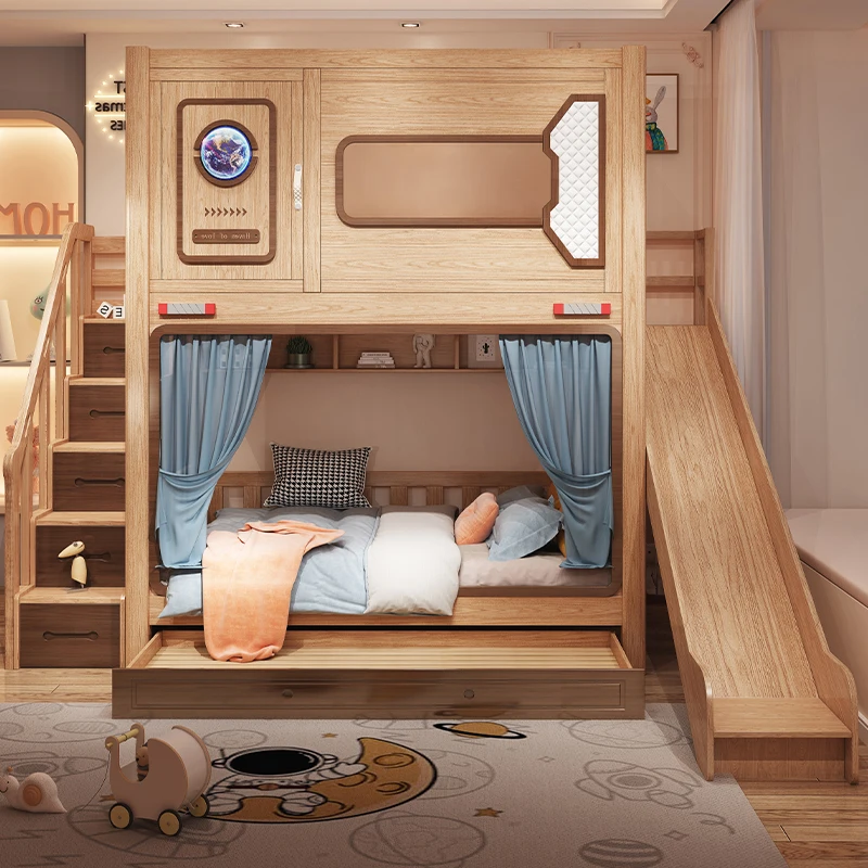 Raumbett Vollständiges Ober- und Unterbett aus Massivholz für Kinder