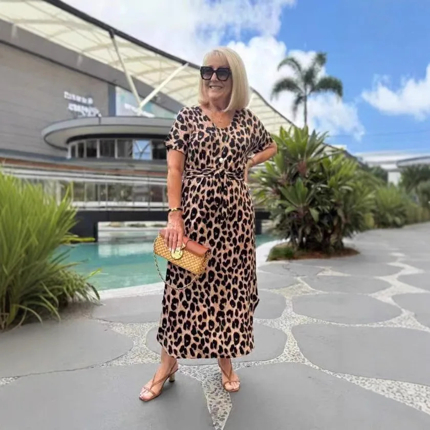 

Fashion Print Leopard Pattern Short Sleeve Dress Women Summer Casual V-Neck High Waist Dress For Women 2025