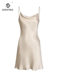 Birdtree 6A 100%Real Silk Nightgown Women's Swinging Neck Sexy Pure Desire Wind Mini Nightgown 2024 Spring Summer New P3D9106QC
