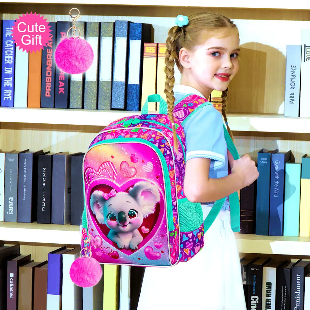3Pcs Set 16 Inch Girls Backpack Pink Cute Heart Koala Print School Bag with Handbag Pencil Case for Little Girls School