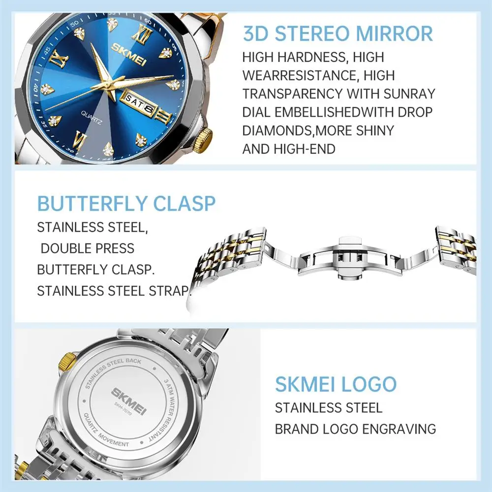 SKMEI Luxury Stainless Steel Quartz Wristwatch For Men Women Casual Week Date Waterproof Male Female Ladies Watches reloj hombre