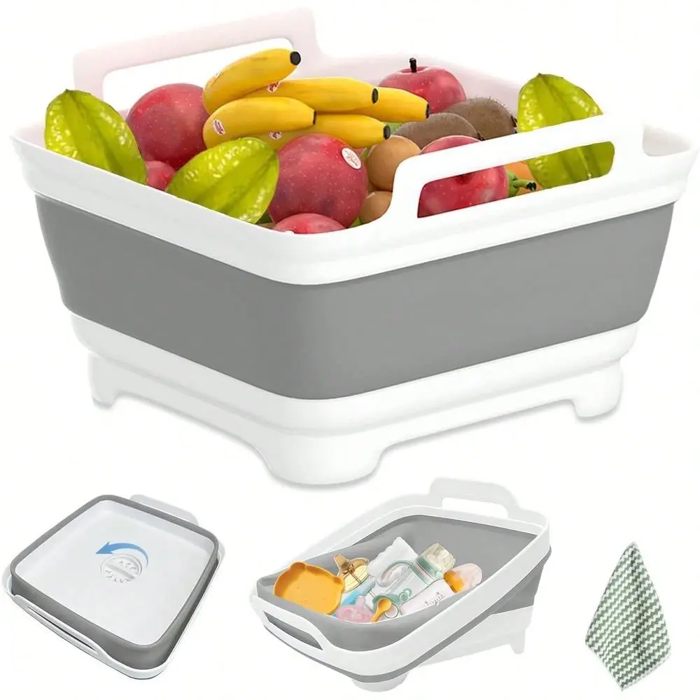 2.4 Gal(9L) Collapsible Dish Basin For Bottles,Collapsible Kitchen Sink With Drain,Laundry Tub,Dish Tubs, Camping Sink Foldable, Kitchen Storage Tray For Camping, Vegetable Washing,Towel