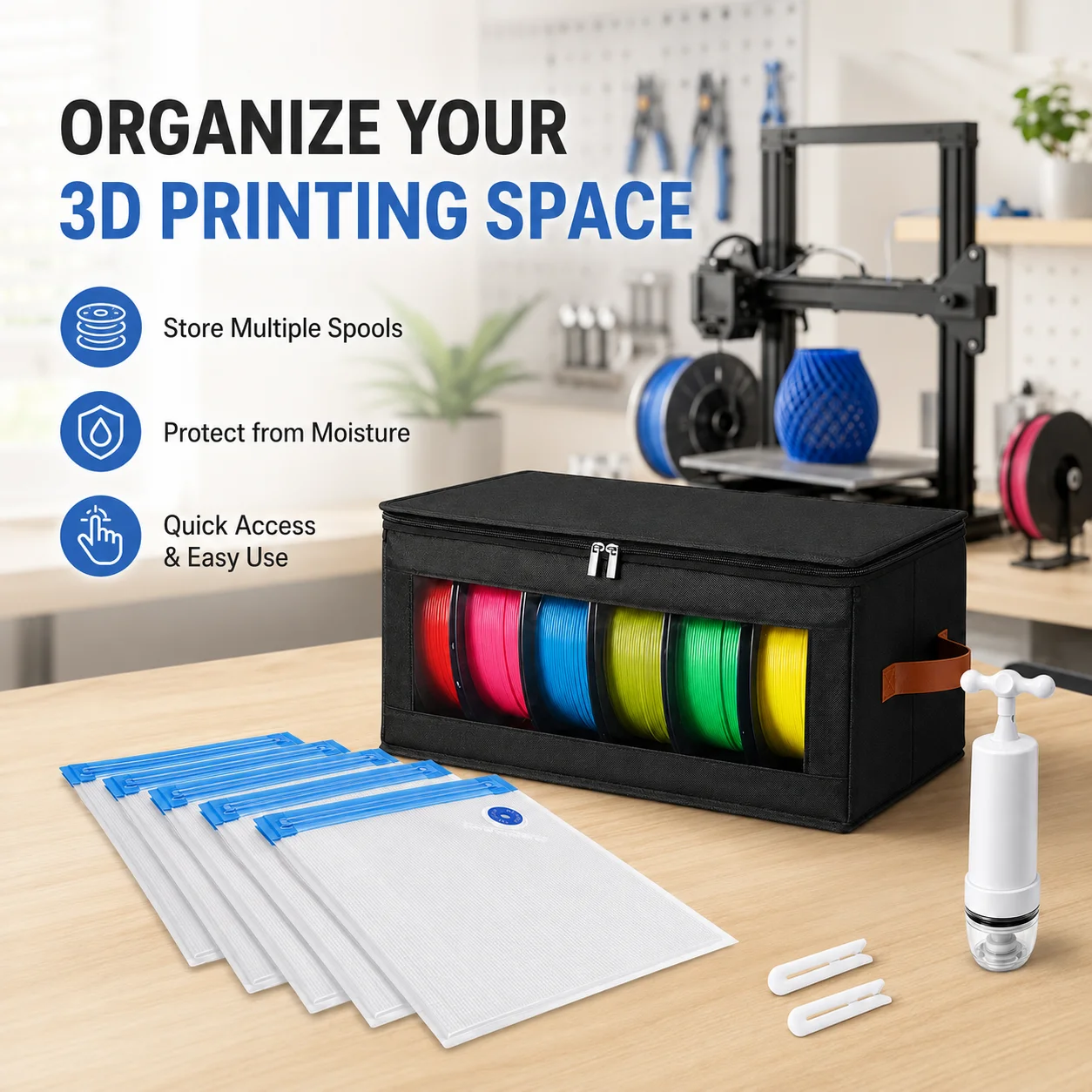 Universal 3D Printer Filament Storage Set, Vacuum Sealing Bags with Hand Pump Moisture Proof Dustproof Organizer Box Supplies