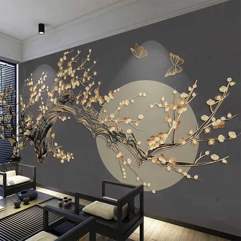 Customized Photo 3D Mural Chinese Plum Blossom Moon Golden Relief Lines Wallpaper Living room TV background wall restaurant tree