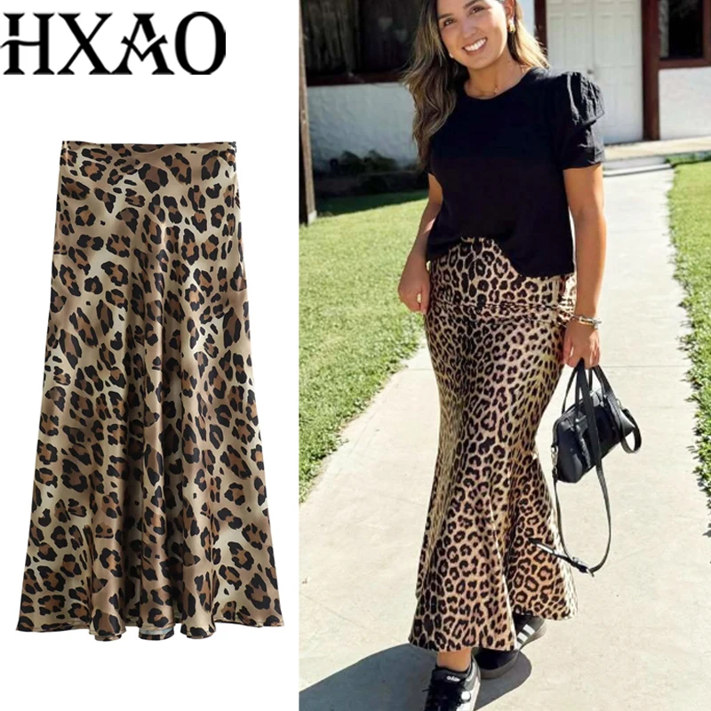 

HXAO Leopard Long Skirts For Women Vintage Summer Animal Print Satin Skirt High Waist Midi Skirt Smooth Elegant Female Skirt