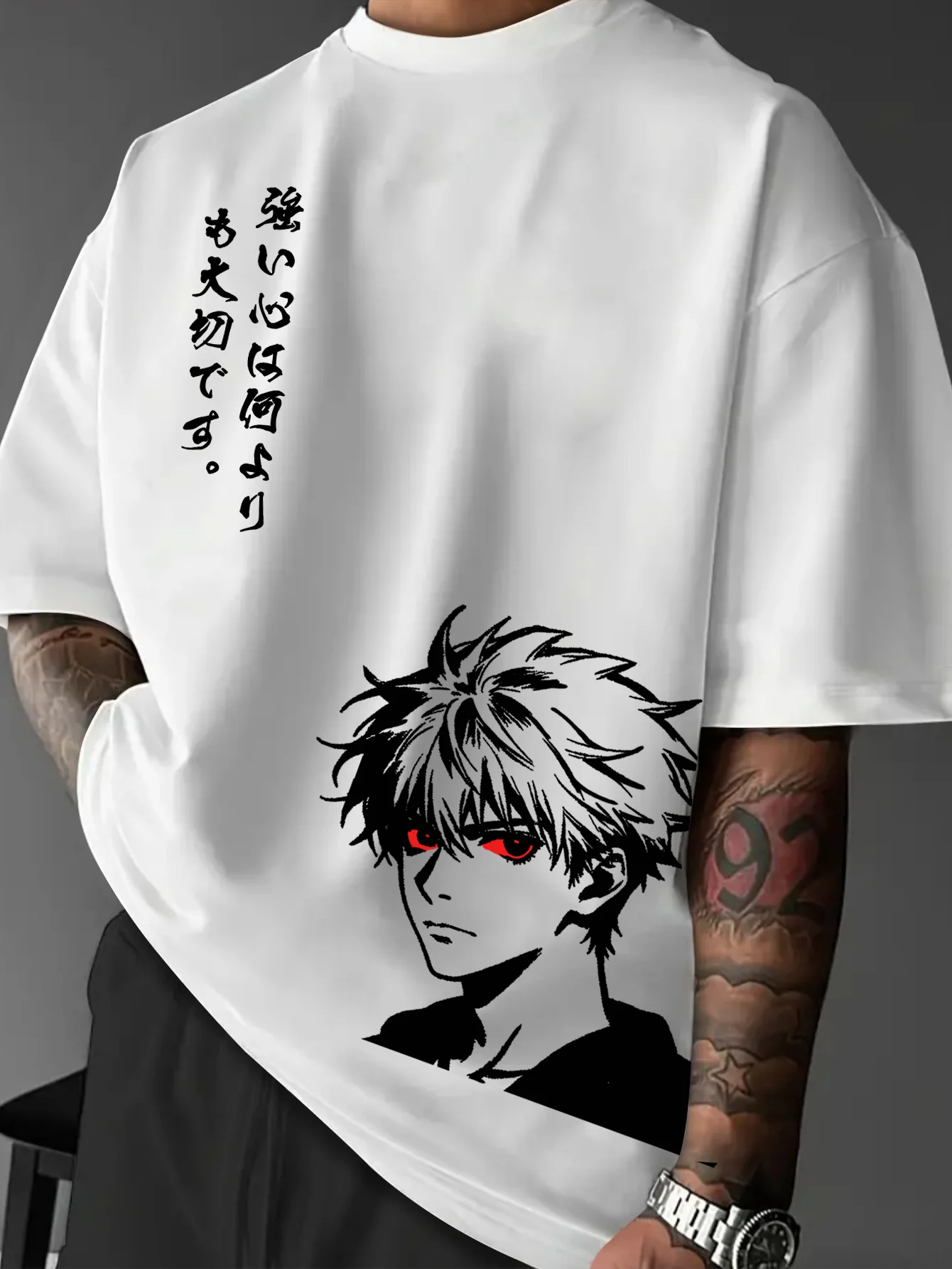 Men's Japanese Anime Summer Versatile T-shirt Loose Fit Street Fashion Style Suitable for Casual Daily Wear 100% Cotton Material