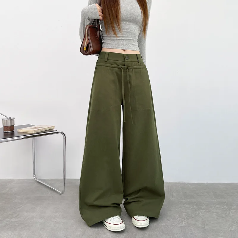2025 Army Green Wide Leg Jeans for Women American Street Lace-Up Washed Denim Pants Woman Harajuku Fashion Baggy Trousers Female