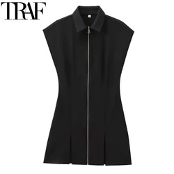 TRAF Black Short Dress women's 2024 Summer Autumn Slim Elegant Party Dresses Ladies Fashion Casual Mini abiti senza maniche