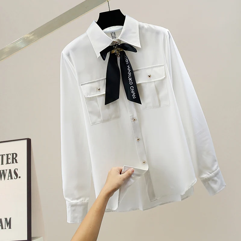 

Sweet Knot Color Blo Decorative Double ket Simple Satin Long Sve irt Faion Design Loose Trendy Blouse