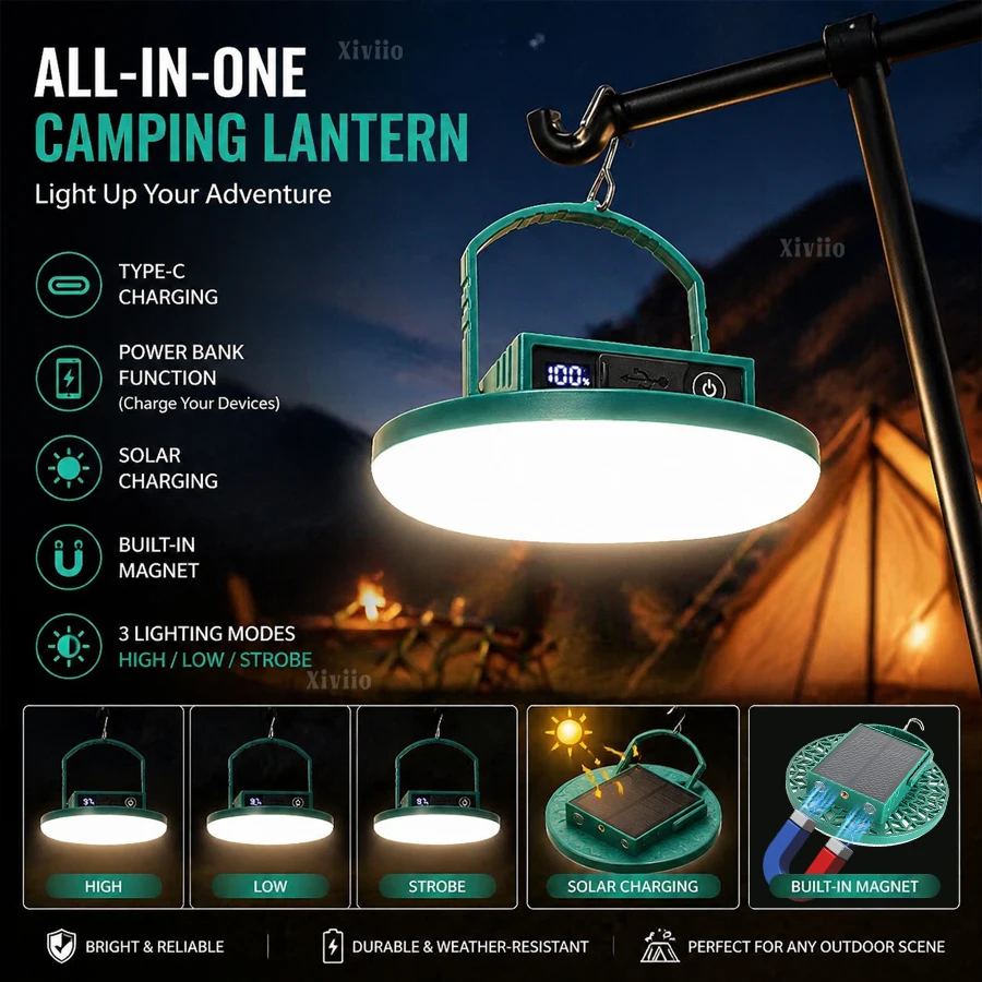 Outdoor Solar Camping Light Portable Lamp Emergency Night Market LED Outdoor Camping Tent Light IP65 Waterproof With Magnet Hook