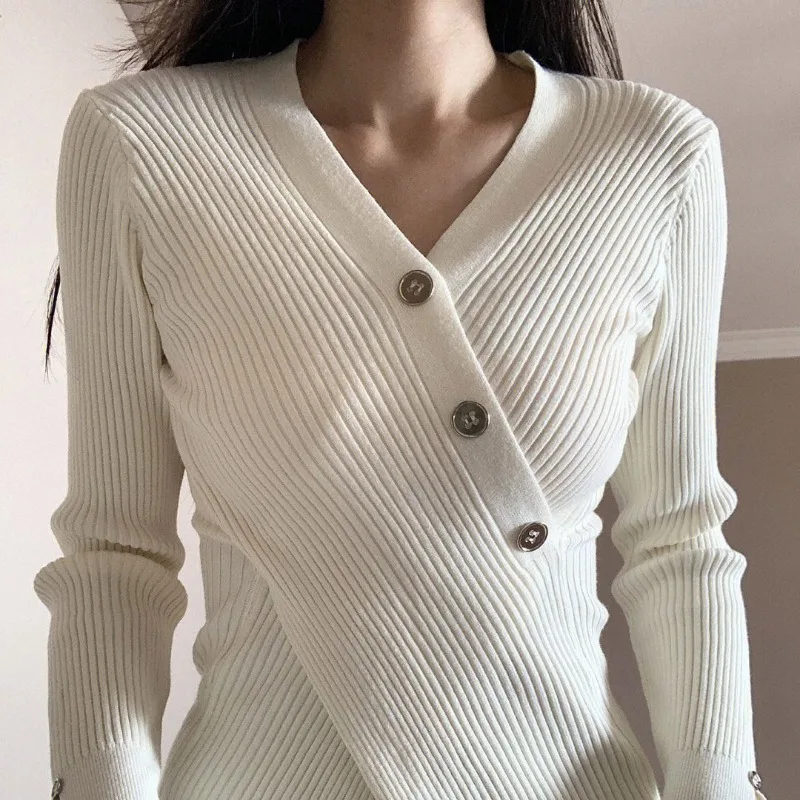 Women\'s Autumn Winter Fashion Solid V-neck Button Cross Irregular Temperament Versatile Long Sleeve Slim Fit Sweater Knit Tops