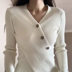 Women's Autumn Winter Fashion Solid V-neck Button Cross Irregular Temperament Versatile Long Sleeve Slim Fit Sweater Knit Tops