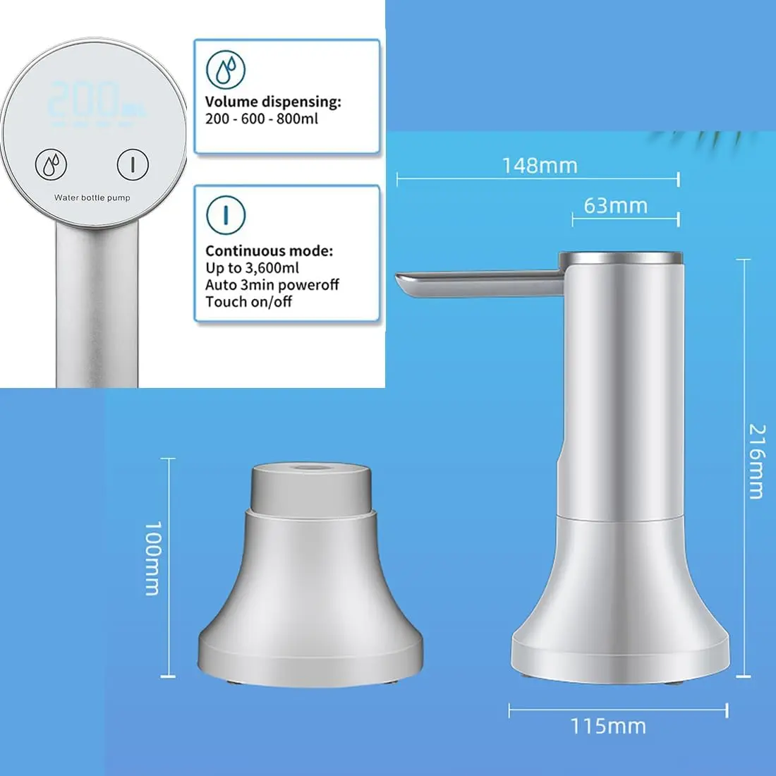 موزع مياه لسطح المكتب مع قاعدة، مضخة مياه كهربائية قابلة للطي، شحن USB مع إيقاف تشغيل تلقائي، عالمي لـ 2-5