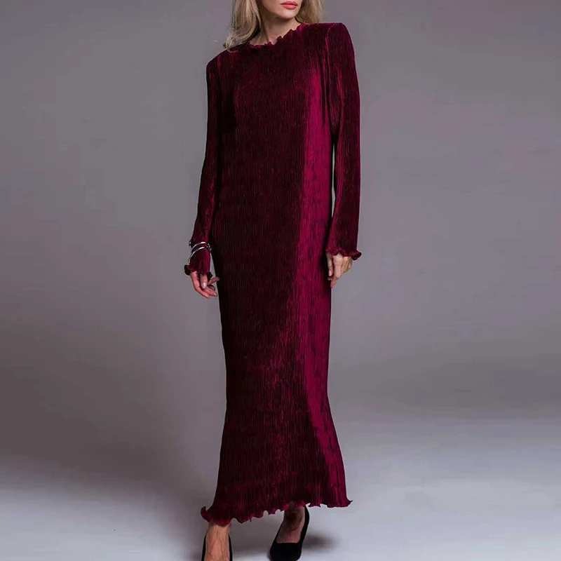 س الرقبة طويلة الأكمام بلون الربيع فستان كاجوال موضة المرأة مطوي سبليت فستان الحفلات مكتب بسيط فضفاض رداء فساتين