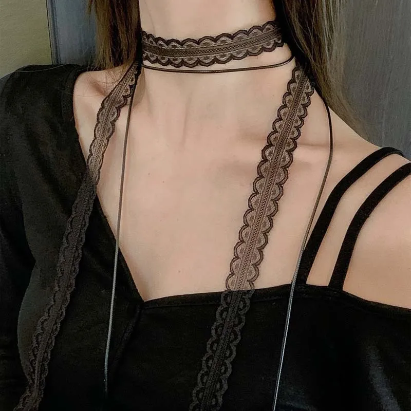 الرجعية الأبيض الأسود مقوس دانتيل المختنق قلادة للنساء موضة طبقة مزدوجة طويلة قابل للتعديل سلسلة قلادة Y2K مجوهرات هدية