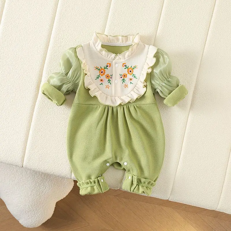 MILANCEL 2024 Autumn Baby Rompers 0-2Y Infant Girls Floral Embroidered Jumpsuit Mesh Patchwork Sleeve Toddler Outdoor Clothing