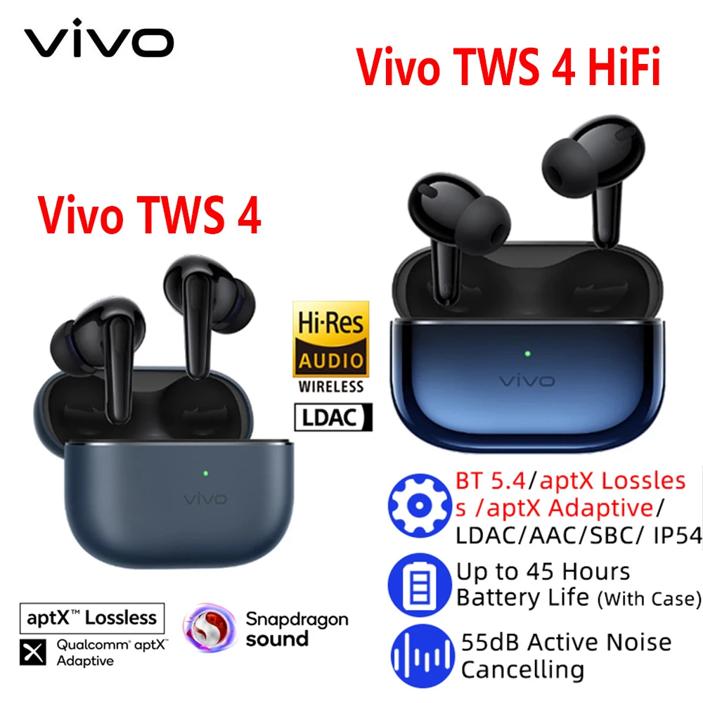 Vivo TWS 4 Vivo TWS 4 HI-Fi Wireless Bluetooth Earphone 55dB deep sea noise reduction 45h ultra long endurance IP54 Waterproof