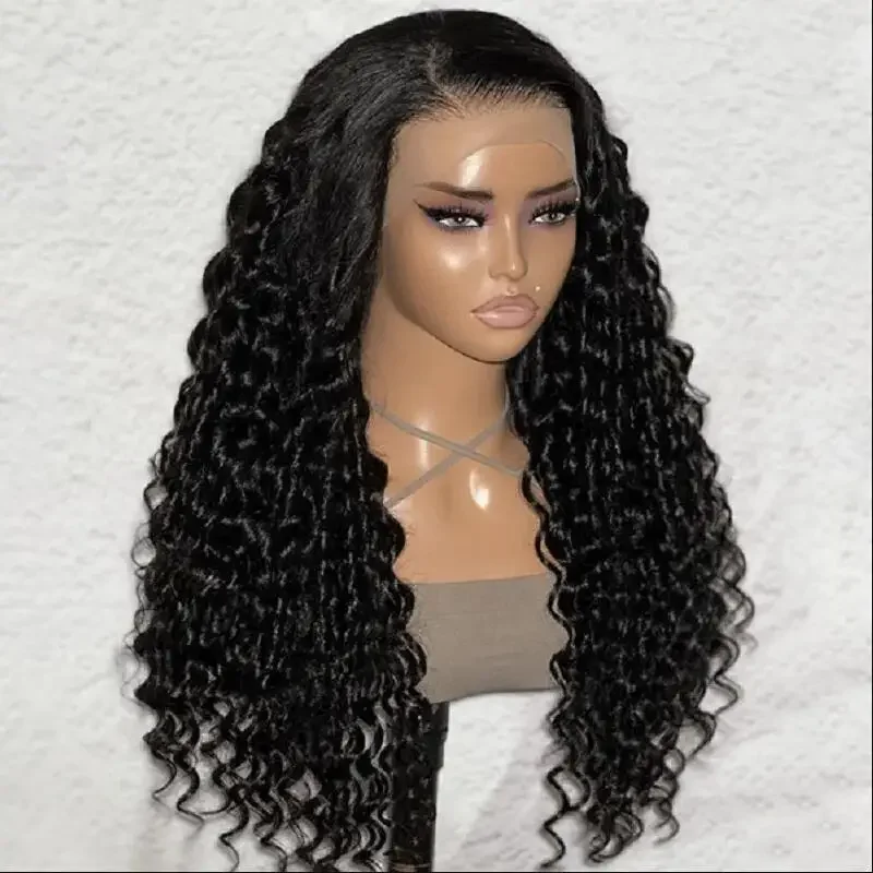 

Heat Resistant Preplucked 26Inch 180Density Glueless Natural Black Deep Wave Lace Front Wig For Black Women BabyHair Daily