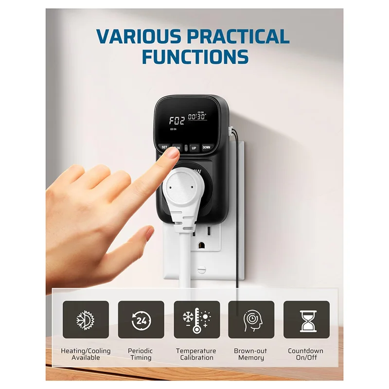 TFORU-Digital Temperature Controller, 15A/1800W Thermostat Outlet Plug, VA Display Heating Cooling Control Timer US Plug