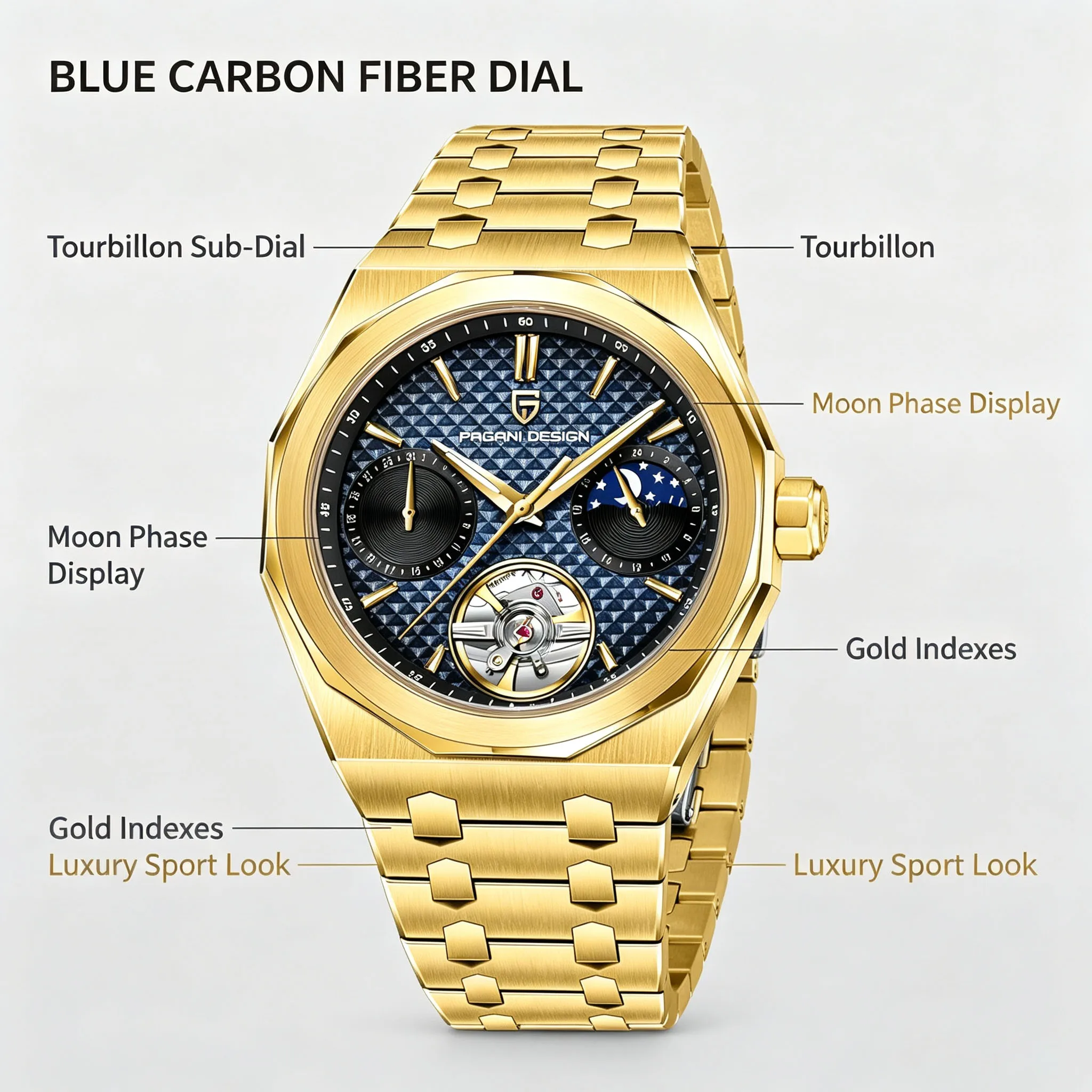 PAGANI DESIGN Men Automatic Watch E3255 Moon Phase Calendar Skeleton Mechanical Wristwatch Sapphire Glass Gold Business Watch